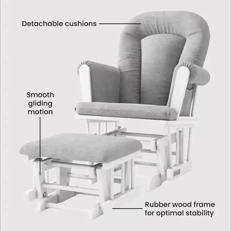 Fauteuil à bascule planant Child Craft Tranquil avec ottoman, coussin rembourré avec poches de rangement, base et cadre en bois massif (cadre blanc mat, coussin gris clair)