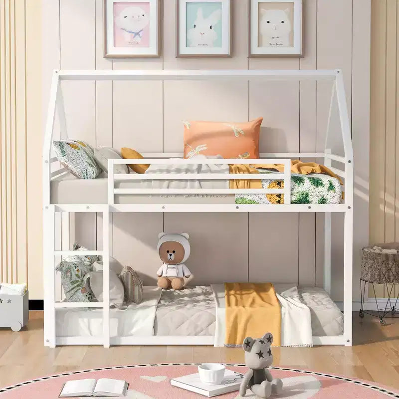 Lit superposé maison jumeau sur jumeau avec échelle/toboggan intégré, cadre en métal, pas besoin de sommier tapissier, blanc/noir - ModernLuxe