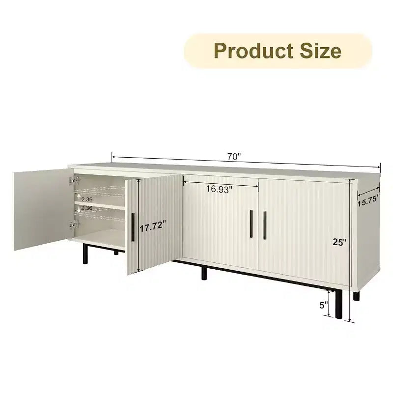 Meuble TV cannelé Dyonery 70, meuble de divertissement avec étagère de rangement réglable, console TV moderne pour salon et chambre à coucher, blanc