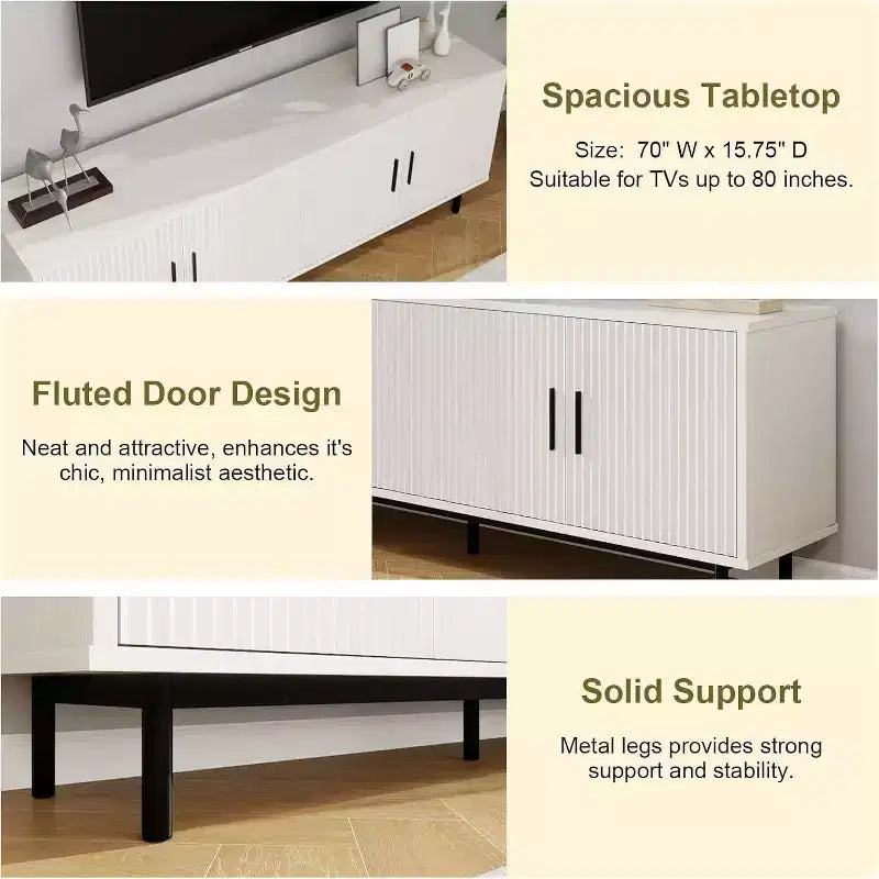 Meuble TV cannelé Dyonery 70, meuble de divertissement avec étagère de rangement réglable, console TV moderne pour salon et chambre à coucher, blanc