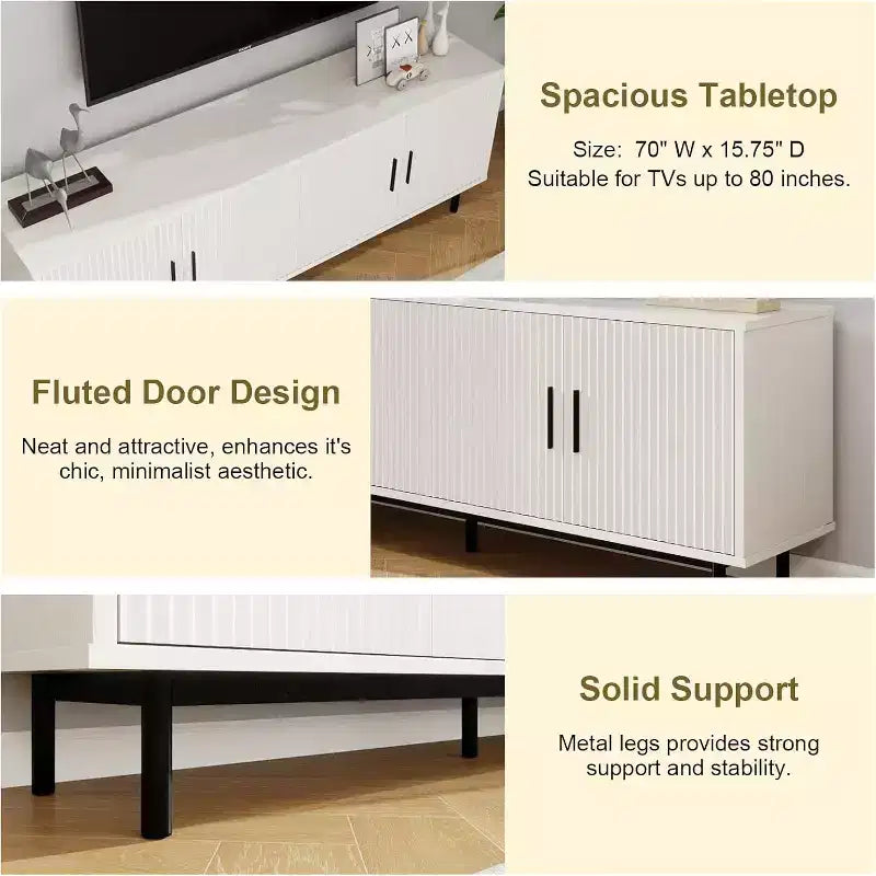 Meuble TV cannelé Dyonery 70, meuble de divertissement avec étagère de rangement réglable, console TV moderne pour salon et chambre à coucher, blanc