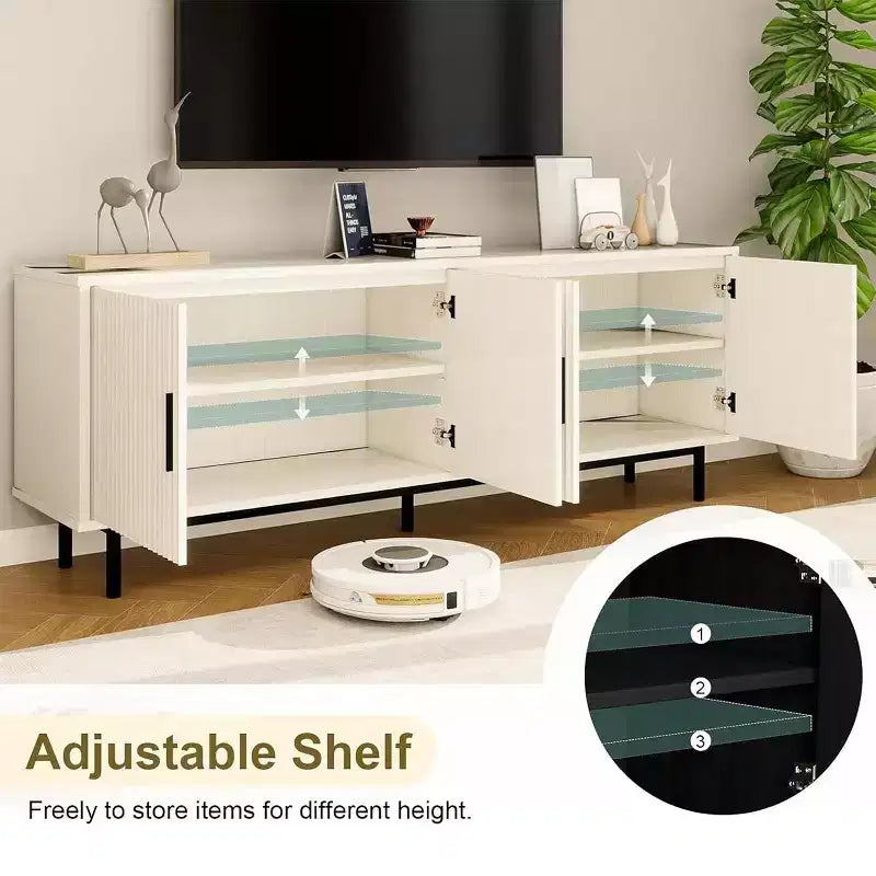 Meuble TV cannelé Dyonery 70, meuble de divertissement avec étagère de rangement réglable, console TV moderne pour salon et chambre à coucher, blanc
