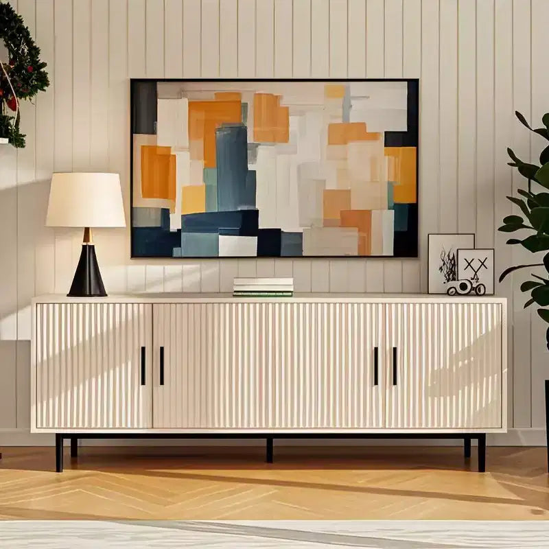 Meuble TV cannelé Dyonery 70, meuble de divertissement avec étagère de rangement réglable, console TV moderne pour salon et chambre à coucher, blanc