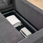 Canapé-lit convertible d'angle Okak 90, avec couchage escamotable, rangement et housses en velours côtelé amovibles pour salon.