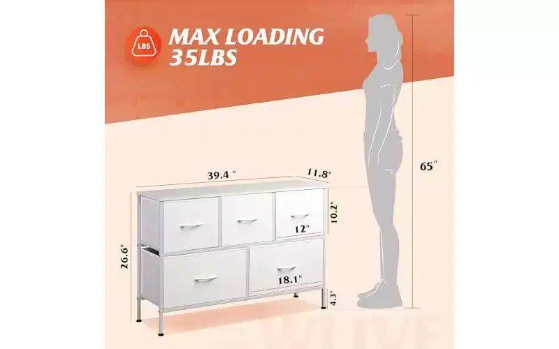 Commode de chambre DEXYLLO avec 5 tiroirs, unité de rangement haute, commode en tissu