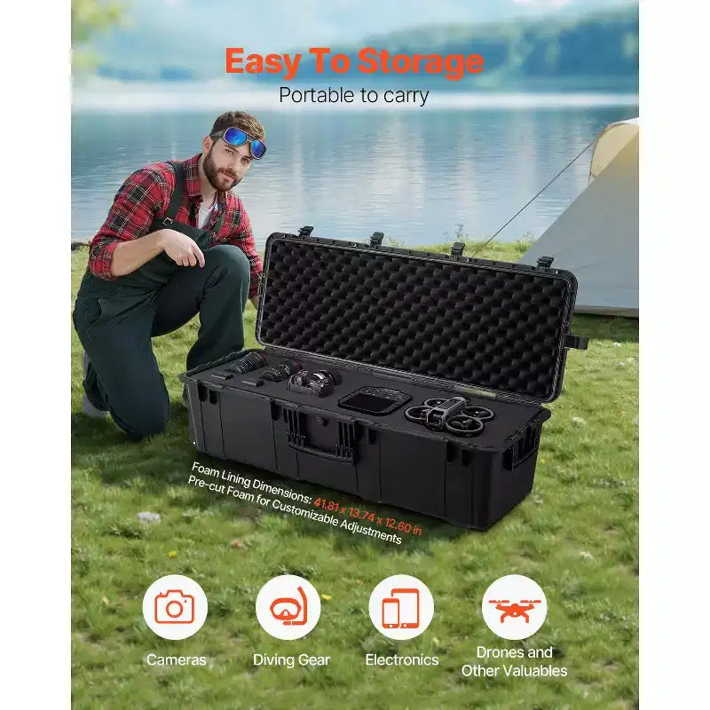 Valise rigide étanche VEVOR, mallette de protection robuste avec mousse prédécoupée et poignées de traction rétractables pour le voyage, la chasse, l'armée, noire
