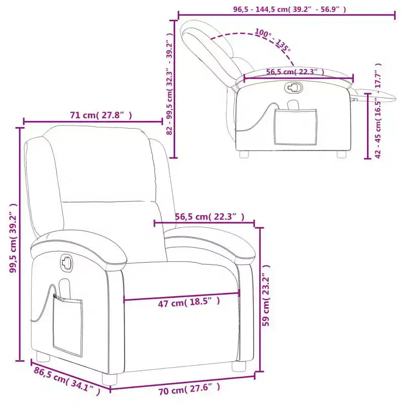 vidaXL Fauteuil inclinable de massage - Cuir véritable, Gris - Inclinable manuel avec massage vibrant à 6 points, Alimenté par USB
