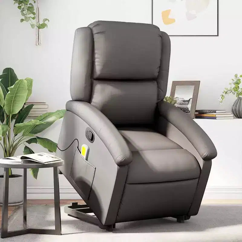vidaXL Fauteuil inclinable de massage électrique gris en cuir véritable - Fauteuil releveur motorisé, inclinaison manuelle, massage par vibration, rembourrage en mousse