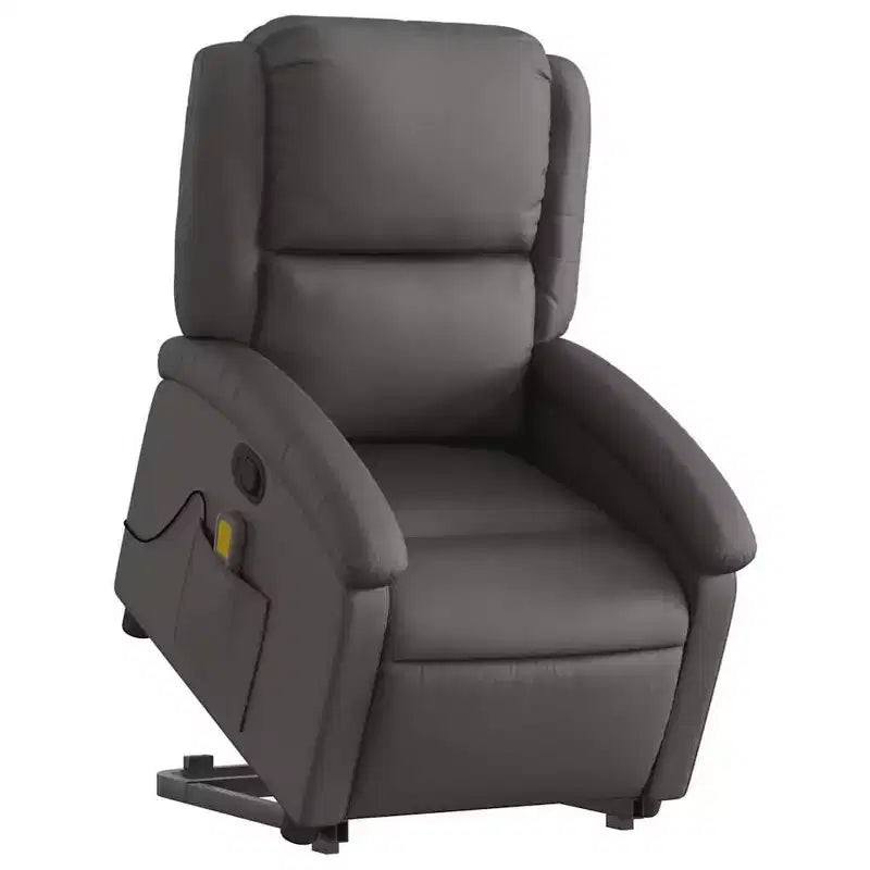 vidaXL Fauteuil inclinable de massage électrique gris en cuir véritable - Fauteuil releveur motorisé, inclinaison manuelle, massage par vibration, rembourrage en mousse