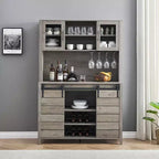 Buffet de bar à café de ferme de 178 cm de haut, Vaisselier de cuisine avec porte coulissante de grange, Desserte haute avec casier à vin, Bar à domicile, Gris