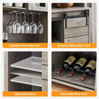 Buffet de bar à café de ferme de 178 cm de haut, Vaisselier de cuisine avec porte coulissante de grange, Desserte haute avec casier à vin, Bar à domicile, Gris