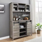 Buffet de bar à café de ferme de 178 cm de haut, Vaisselier de cuisine avec porte coulissante de grange, Desserte haute avec casier à vin, Bar à domicile, Gris