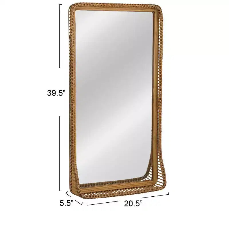 Miroir mural rectangulaire Storied Home en rotin et bambou tressés à la main avec étagère, couleur naturelle