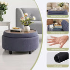 Pouf de rangement rond en tissu 3-en-1 25x25, couvercle/plateau réversible, repose-pieds et petite table basse avec rangement intégré