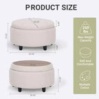 Pouf de rangement rond en tissu 3-en-1 25x25, couvercle/plateau réversible, repose-pieds et petite table basse avec rangement intégré