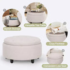 Pouf de rangement rond en tissu 3-en-1 25x25, couvercle/plateau réversible, repose-pieds et petite table basse avec rangement intégré