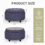 Pouf de rangement rond en tissu 3-en-1 25x25, couvercle/plateau réversible, repose-pieds et petite table basse avec rangement intégré