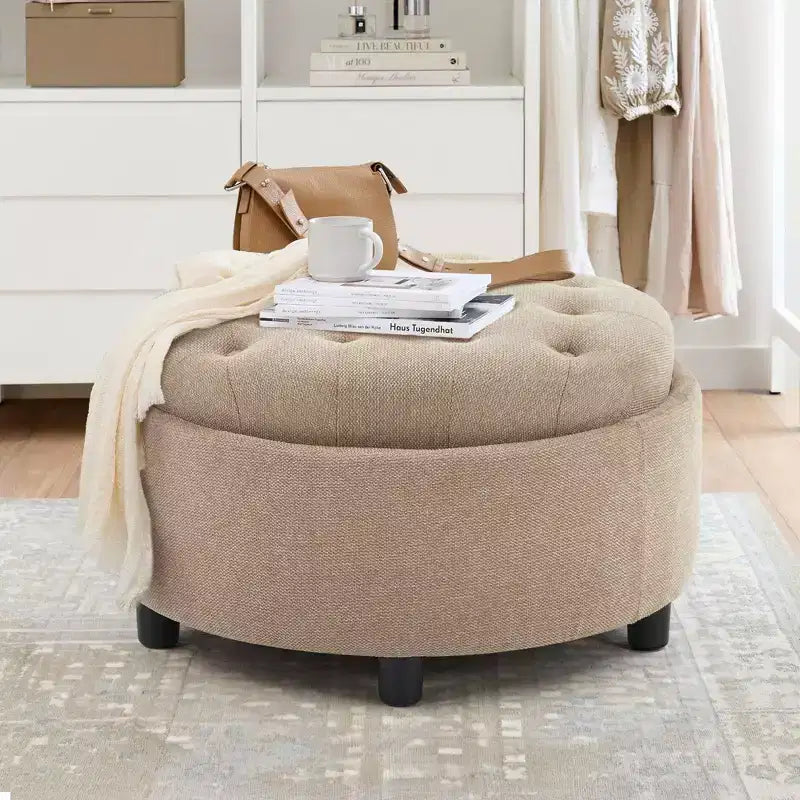Pouf de rangement rond en tissu 3-en-1 25x25, couvercle/plateau réversible, repose-pieds et petite table basse avec rangement intégré
