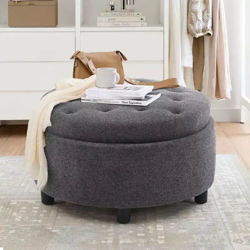 Pouf de rangement rond en tissu 3-en-1 25x25, couvercle/plateau réversible, repose-pieds et petite table basse avec rangement intégré