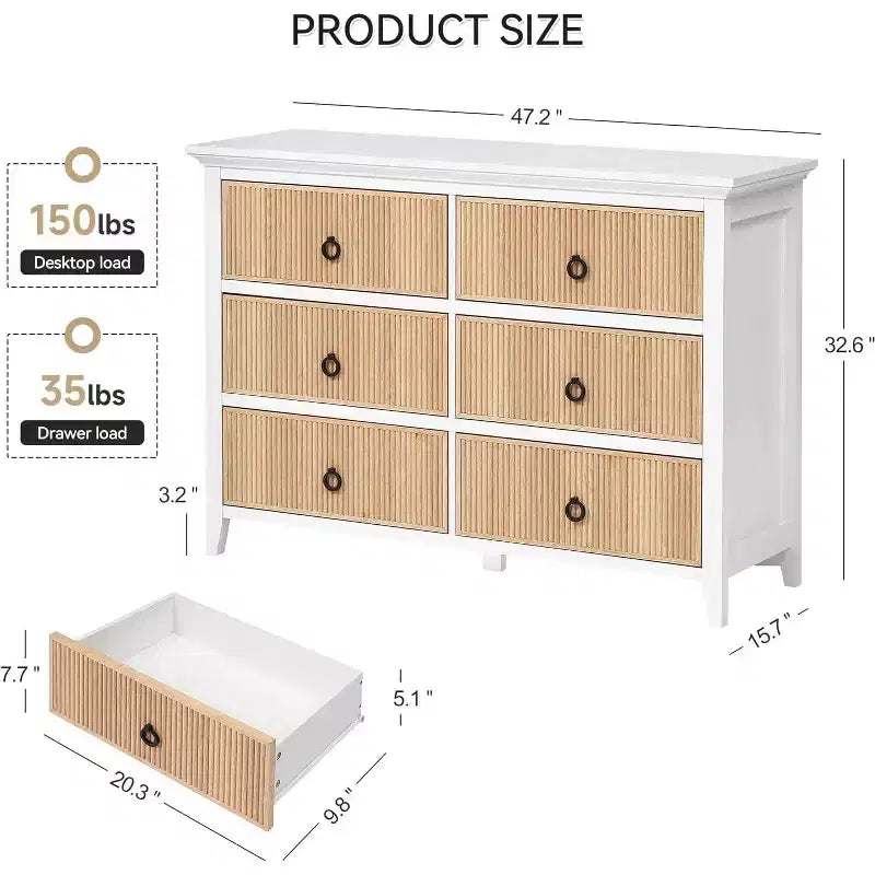 Commode de Chambre, Commode Double 6 Tiroirs Panneau à Tiroirs Cannelés, Grande Commode Moderne avec Tiroirs Profonds, Meuble TV Commode
