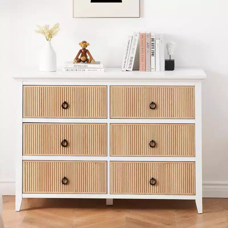 Commode de Chambre, Commode Double 6 Tiroirs Panneau à Tiroirs Cannelés, Grande Commode Moderne avec Tiroirs Profonds, Meuble TV Commode
