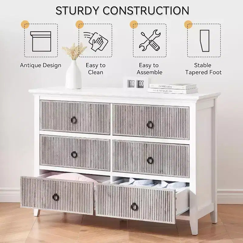 Commode de Chambre, Commode Double 6 Tiroirs Panneau à Tiroirs Cannelés, Grande Commode Moderne avec Tiroirs Profonds, Meuble TV Commode