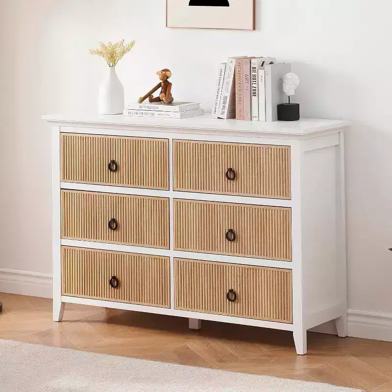 Commode de Chambre, Commode Double 6 Tiroirs Panneau à Tiroirs Cannelés, Grande Commode Moderne avec Tiroirs Profonds, Meuble TV Commode