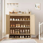 DobleePy 31,5" Meuble à Chaussures en Rotin Naturel avec 2 Portes, Organiseur en Bois à 5 Niveaux avec Étagères Réglables pour Entrée et Salon
