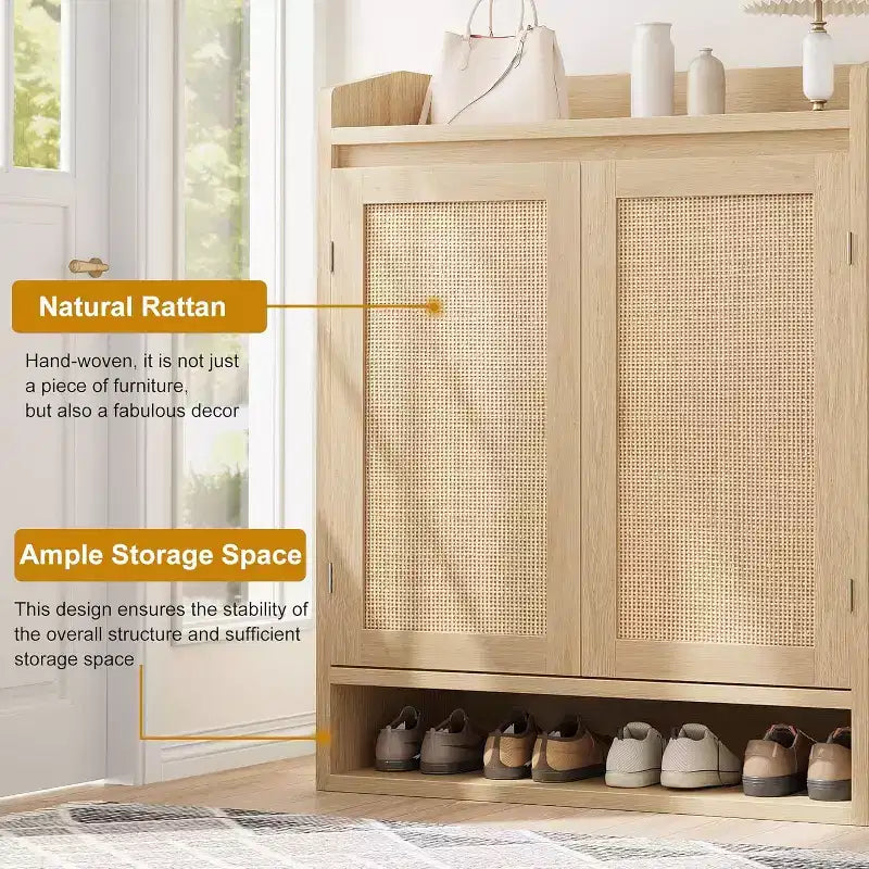 DobleePy 31,5" Meuble à Chaussures en Rotin Naturel avec 2 Portes, Organiseur en Bois à 5 Niveaux avec Étagères Réglables pour Entrée et Salon