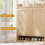 DobleePy 31,5" Meuble à Chaussures en Rotin Naturel avec 2 Portes, Organiseur en Bois à 5 Niveaux avec Étagères Réglables pour Entrée et Salon