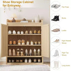 DobleePy 31,5" Meuble à Chaussures en Rotin Naturel avec 2 Portes, Organiseur en Bois à 5 Niveaux avec Étagères Réglables pour Entrée et Salon