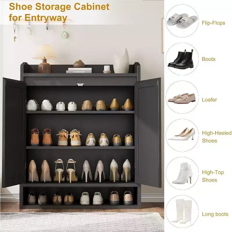 DobleePy 31,5" Meuble à Chaussures en Rotin Naturel avec 2 Portes, Organiseur en Bois à 5 Niveaux avec Étagères Réglables pour Entrée et Salon