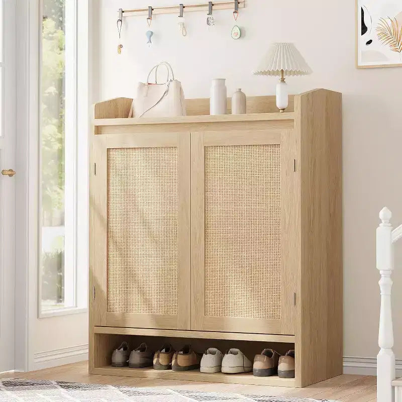 DobleePy 31,5" Meuble à Chaussures en Rotin Naturel avec 2 Portes, Organiseur en Bois à 5 Niveaux avec Étagères Réglables pour Entrée et Salon