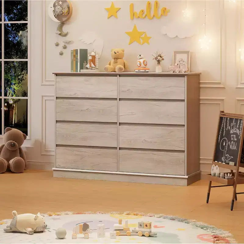 Commode à 8 tiroirs pour chambre à coucher, chiffonnier avec tiroirs profonds, grande commode double pour placard avec plateau large