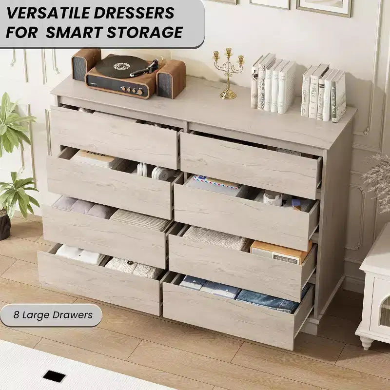 Commode à 8 tiroirs pour chambre à coucher, chiffonnier avec tiroirs profonds, grande commode double pour placard avec plateau large
