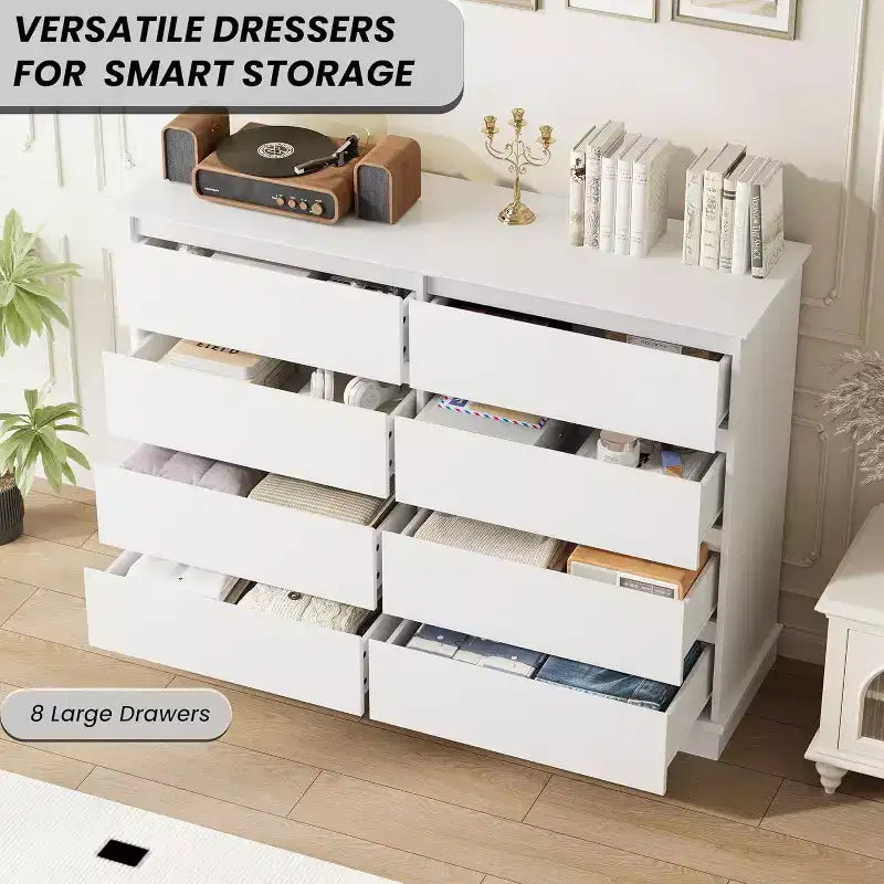 Commode à 8 tiroirs pour chambre à coucher, chiffonnier avec tiroirs profonds, grande commode double pour placard avec plateau large