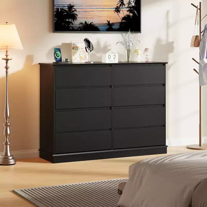Commode à 8 tiroirs pour chambre à coucher, chiffonnier avec tiroirs profonds, grande commode double pour placard avec plateau large