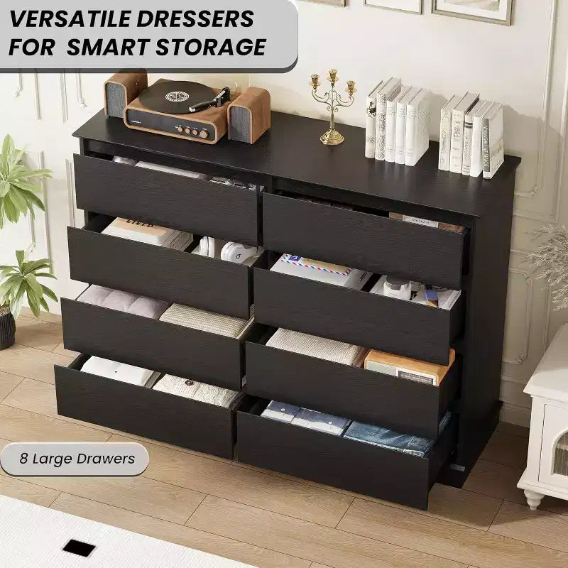 Commode à 8 tiroirs pour chambre à coucher, chiffonnier avec tiroirs profonds, grande commode double pour placard avec plateau large
