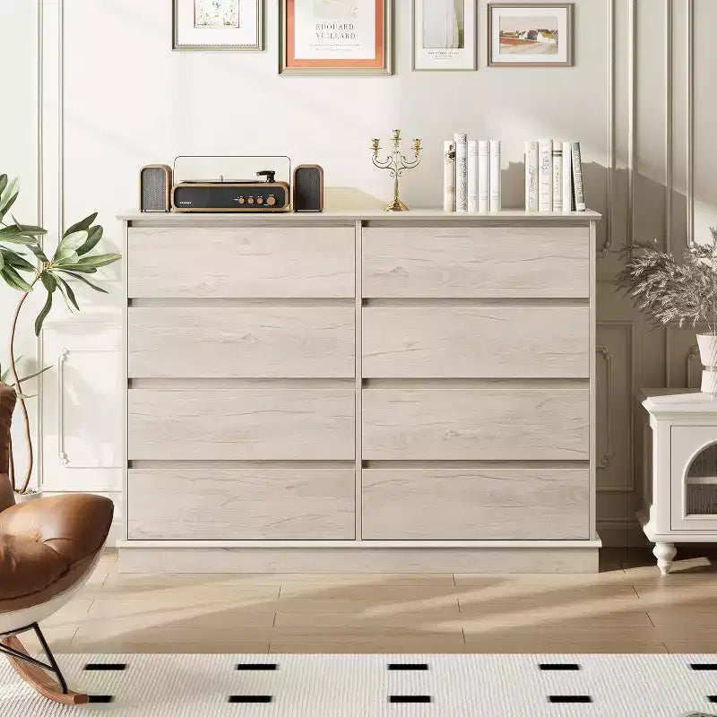 Commode à 8 tiroirs pour chambre à coucher, chiffonnier avec tiroirs profonds, grande commode double pour placard avec plateau large