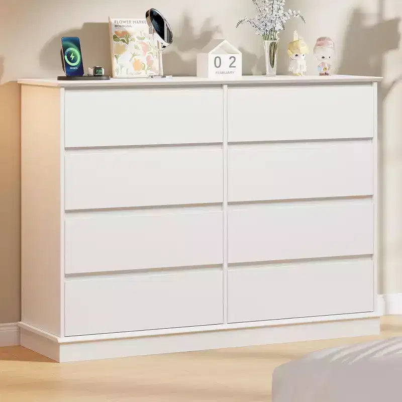 Commode à 8 tiroirs pour chambre à coucher, chiffonnier avec tiroirs profonds, grande commode double pour placard avec plateau large