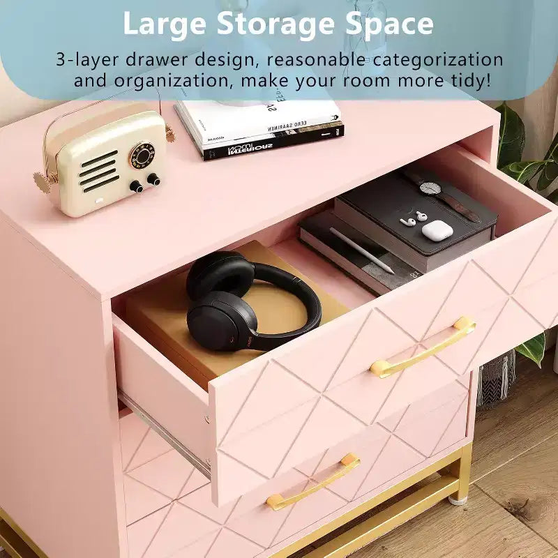 Commode à 3 tiroirs, meuble de rangement pour chambre à coucher, poignées et pieds en métal, pour chambre, salon, entrée, gain de place