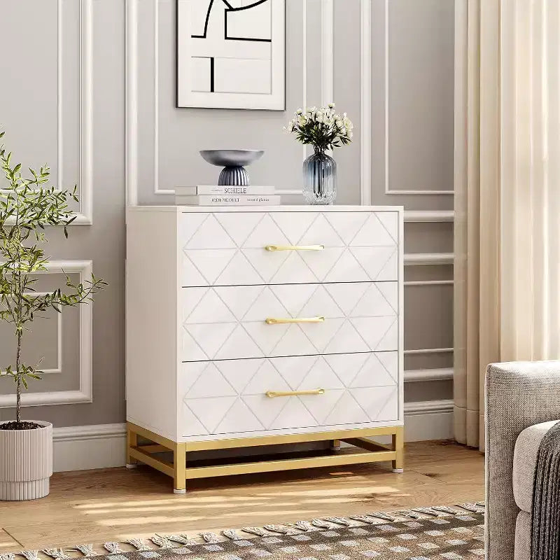 Commode à 3 tiroirs, meuble de rangement pour chambre à coucher, poignées et pieds en métal, pour chambre, salon, entrée, gain de place