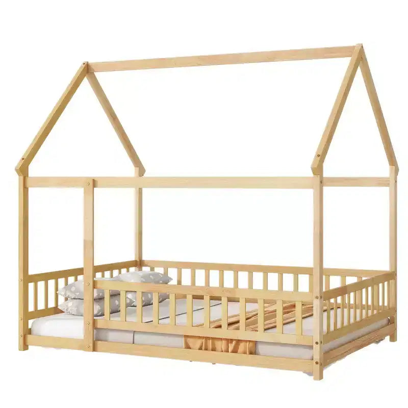 Lit double et lit au sol Whisen, structure en bois avec clôture pour des espaces de sommeil sûrs et imaginatifs pour les enfants