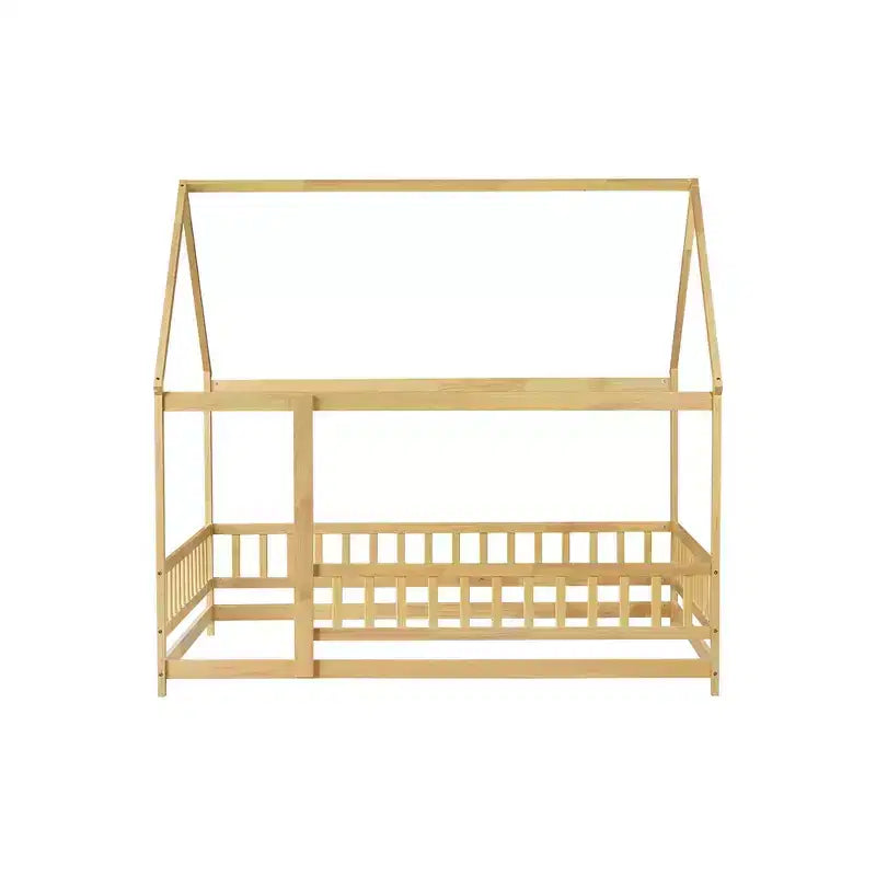 Lit double et lit au sol Whisen, structure en bois avec clôture pour des espaces de sommeil sûrs et imaginatifs pour les enfants
