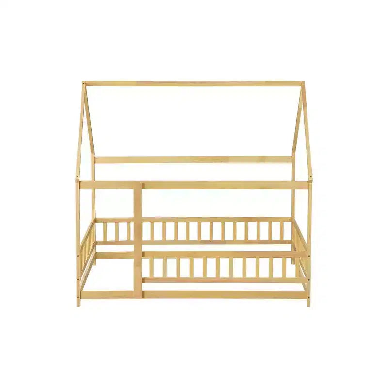Lit double et lit au sol Whisen, structure en bois avec clôture pour des espaces de sommeil sûrs et imaginatifs pour les enfants