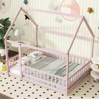 Lit double et lit au sol Whisen, structure en bois avec clôture pour des espaces de sommeil sûrs et imaginatifs pour les enfants