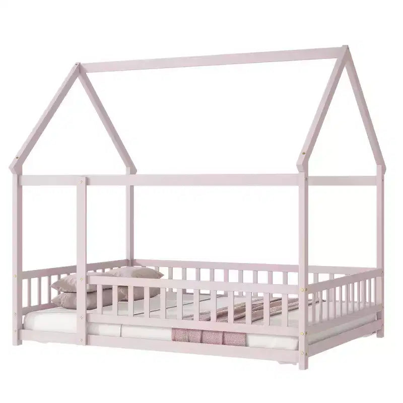 Lit double et lit au sol Whisen, structure en bois avec clôture pour des espaces de sommeil sûrs et imaginatifs pour les enfants
