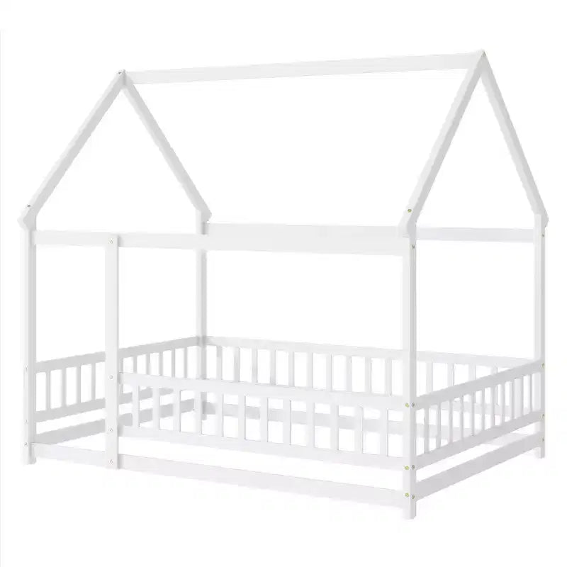 Lit double et lit au sol Whisen, structure en bois avec clôture pour des espaces de sommeil sûrs et imaginatifs pour les enfants