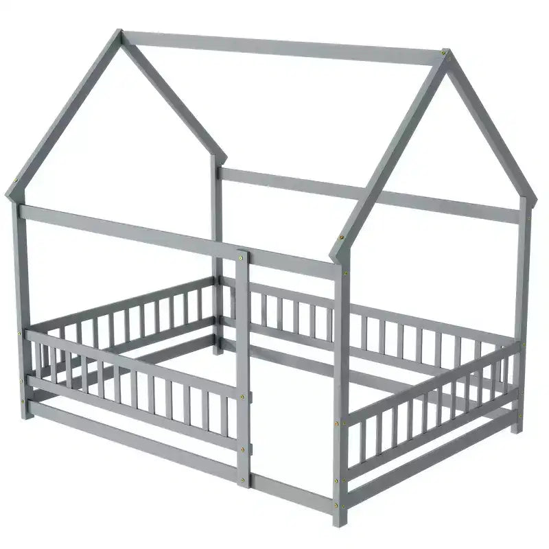 Lit double et lit au sol Whisen, structure en bois avec clôture pour des espaces de sommeil sûrs et imaginatifs pour les enfants