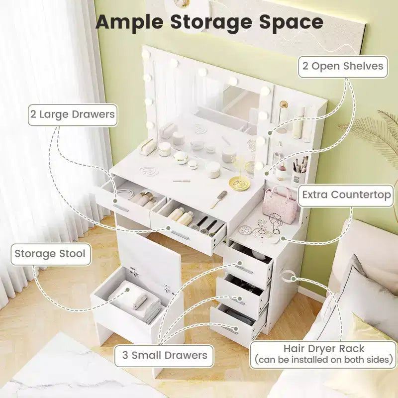 Coiffeuse avec tabouret et prise électrique Costway 43,5", 2 étagères ouvertes